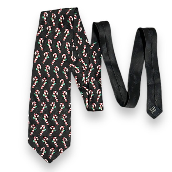 FN Black Candy Canes Holly Silk Neck Tie Men's 58” Christmas Holiday - Picture 1 of 8